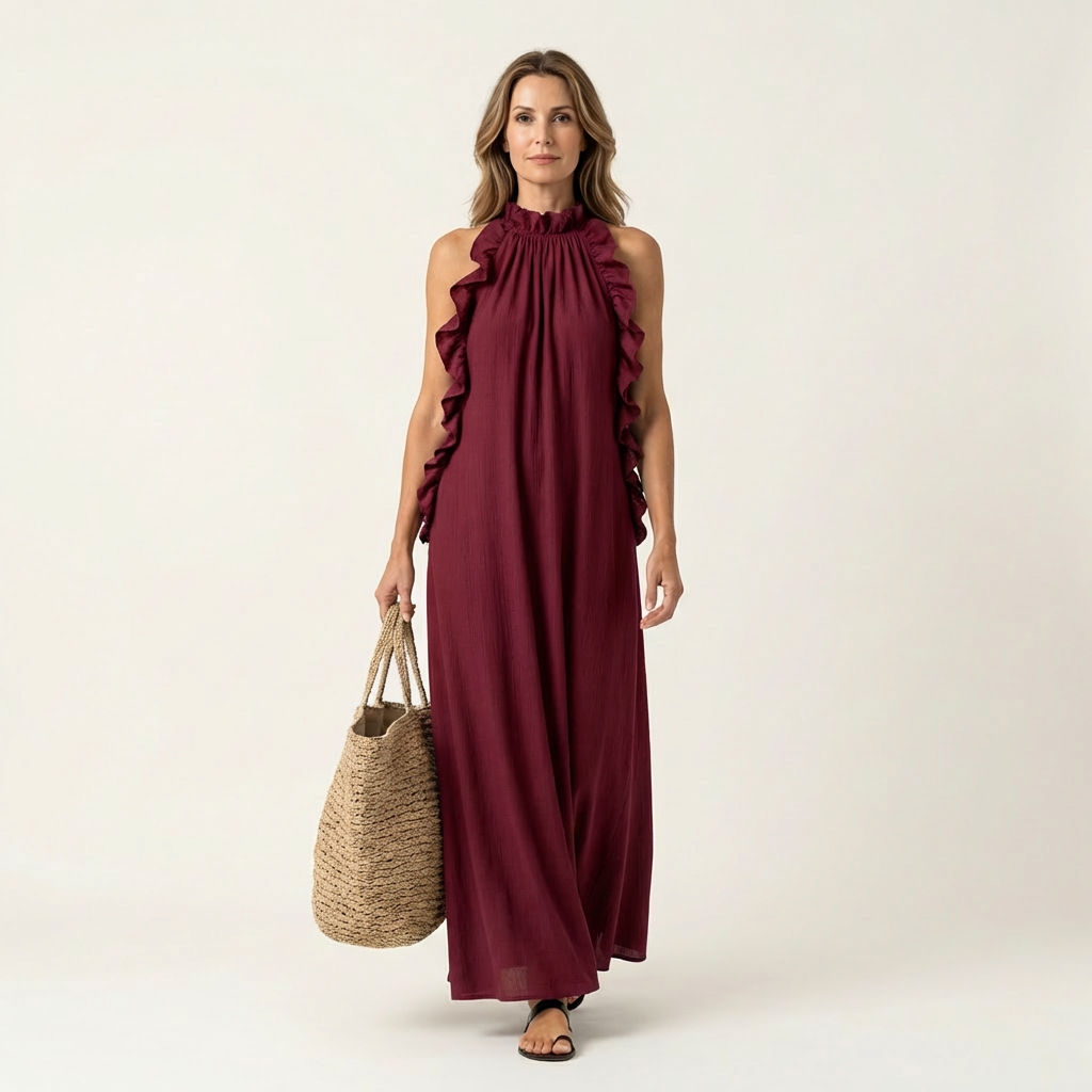 Lyara - Vertical Ruffle Halter Neck Maxi Dress