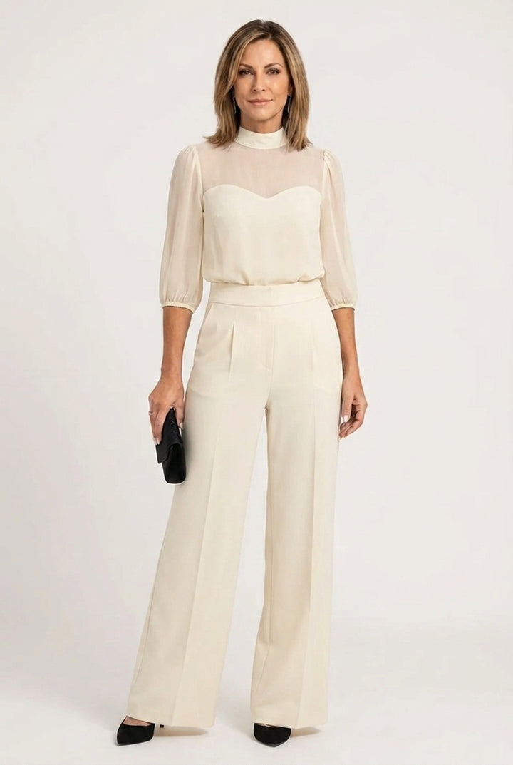 Emma - Elegant Sheer Top & Wide-Leg Trousers 3-Piece Set