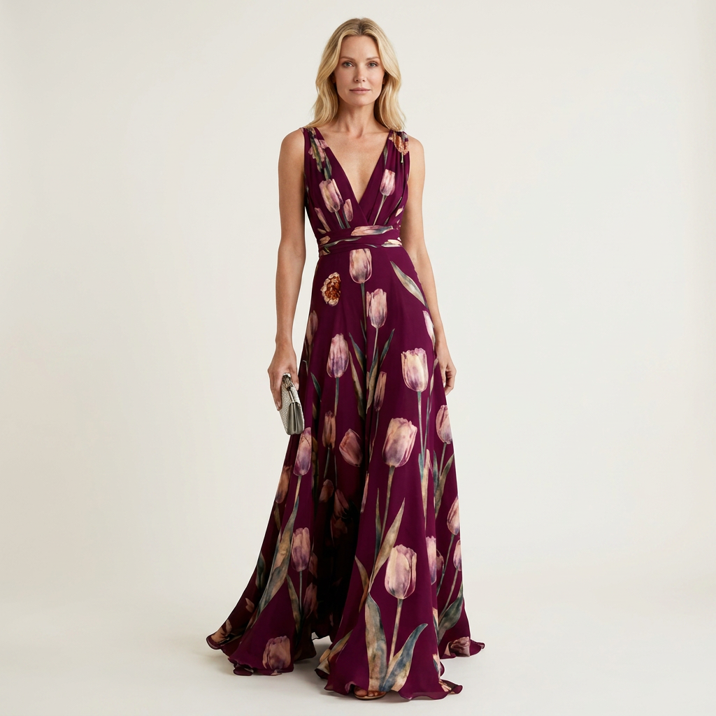 Cecille - Deep V-Neck Sleeveless Tulip-Print Maxi Dress