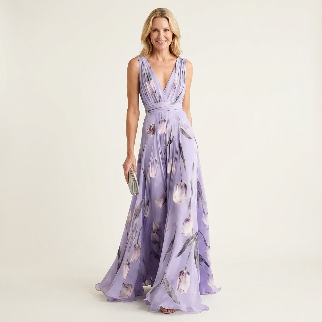 Cecille - Deep V-Neck Sleeveless Tulip-Print Maxi Dress