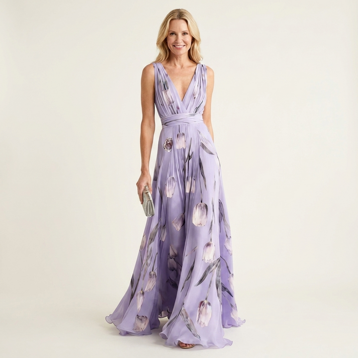 Cecille - Deep V-Neck Sleeveless Tulip-Print Maxi Dress