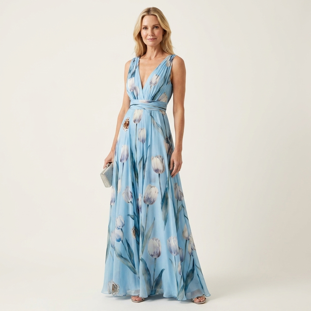 Cecille - Deep V-Neck Sleeveless Tulip-Print Maxi Dress