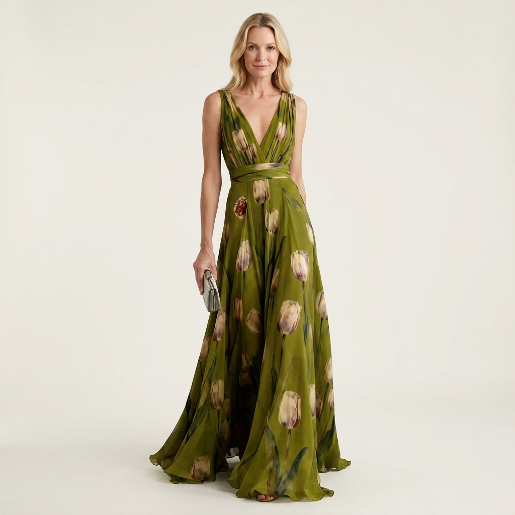 Cecille - Deep V-Neck Sleeveless Tulip-Print Maxi Dress