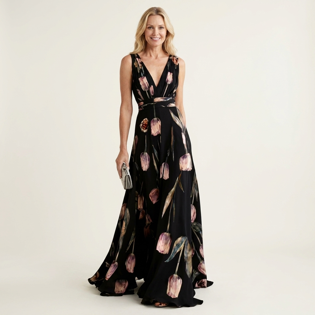 Cecille - Deep V-Neck Sleeveless Tulip-Print Maxi Dress