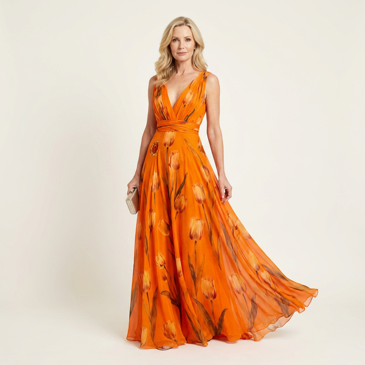Cecille - Deep V-Neck Sleeveless Tulip-Print Maxi Dress