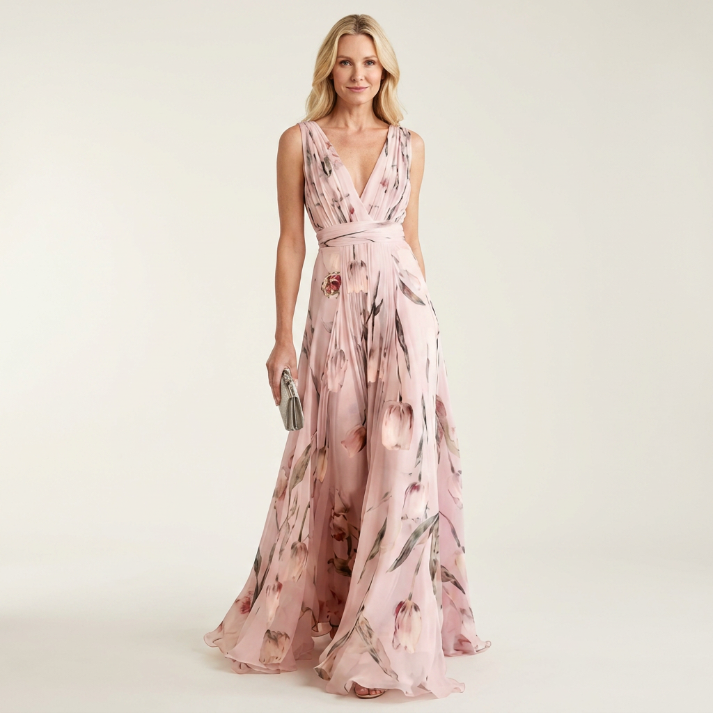 Cecille - Deep V-Neck Sleeveless Tulip-Print Maxi Dress