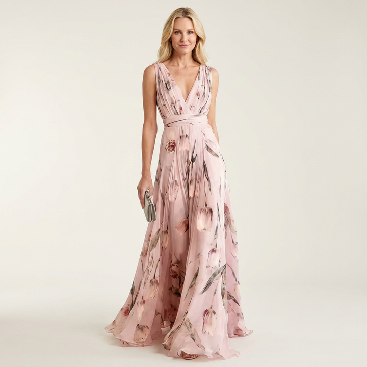 Cecille - Deep V-Neck Sleeveless Tulip-Print Maxi Dress