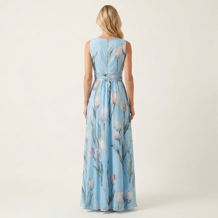 Cecille - Deep V-Neck Sleeveless Tulip-Print Maxi Dress