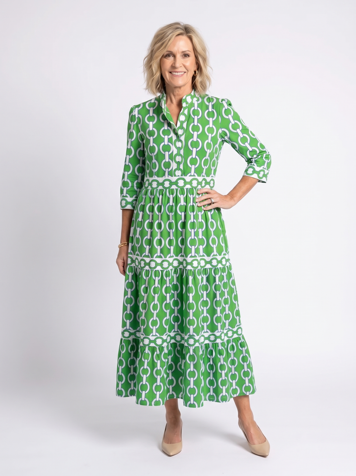 Ysolde - Chain Pattern Midi Dress with 3/4 Sleeves