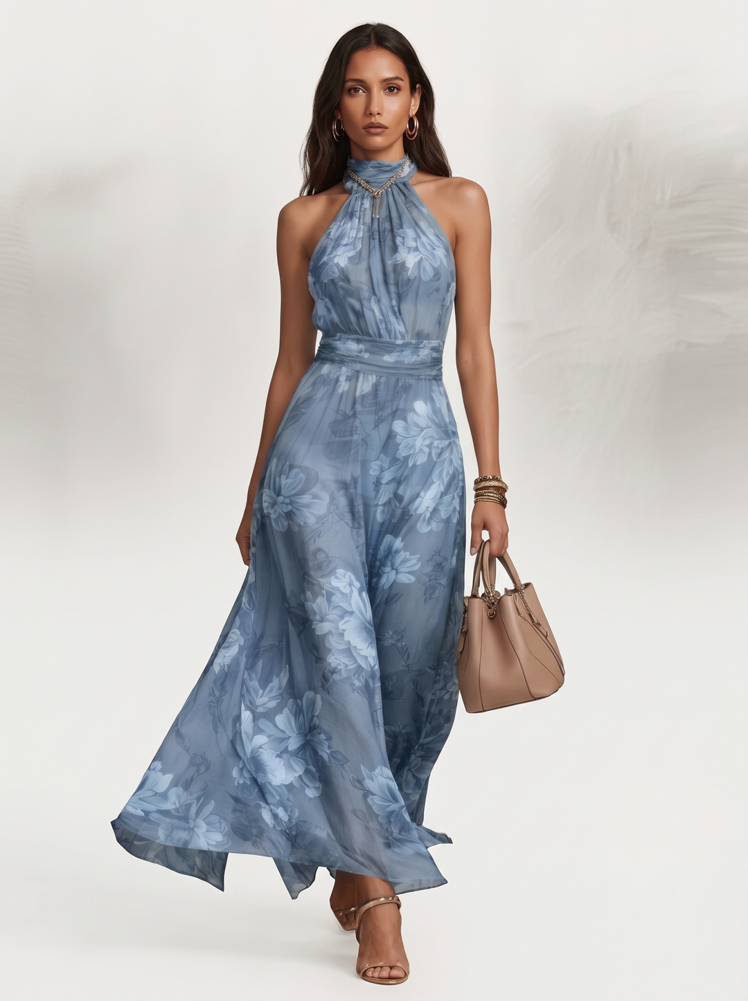 Vesper - Botanical Print Halter Neck Maxi Dress