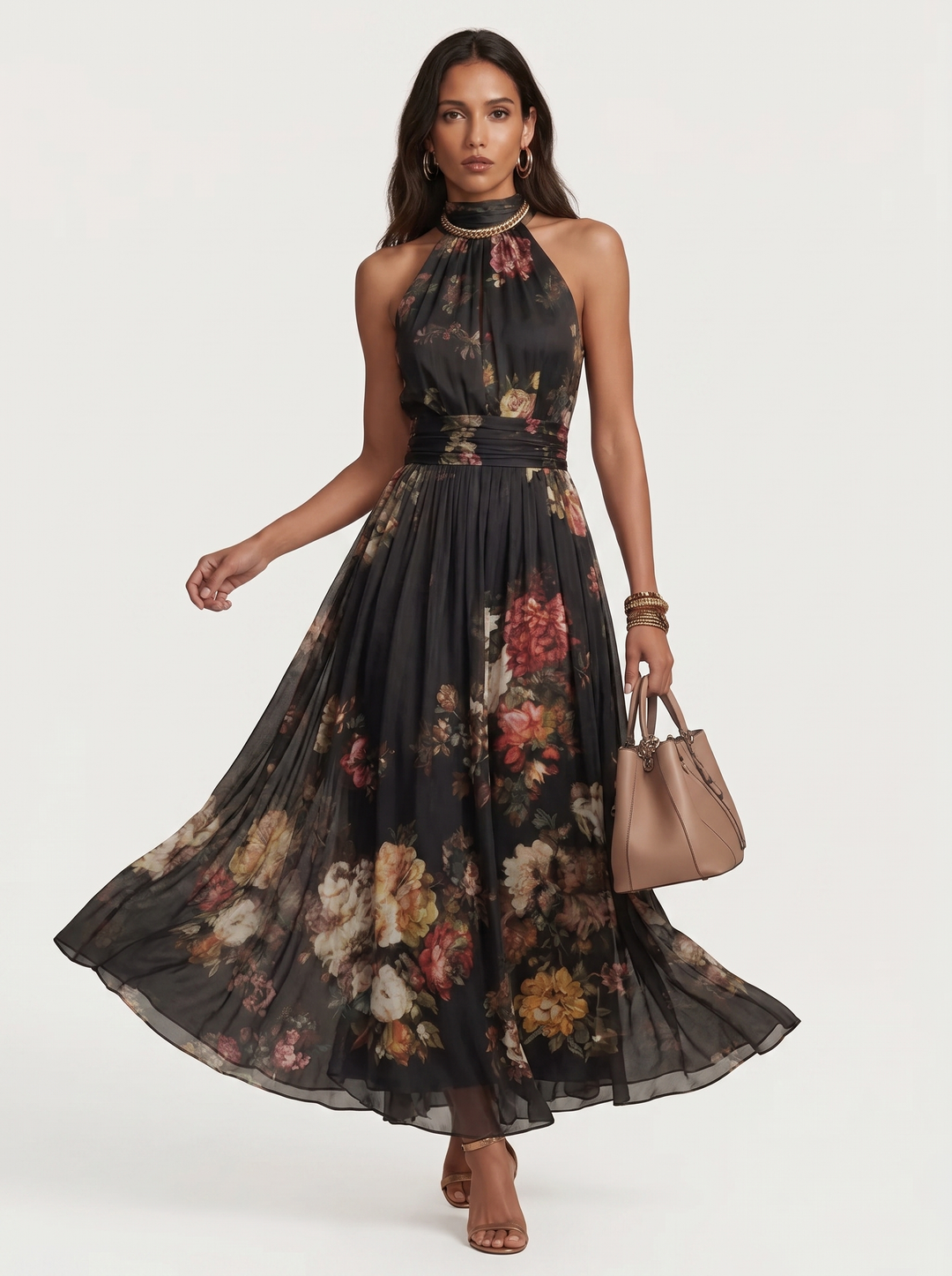 Vesper - Botanical Print Halter Neck Maxi Dress