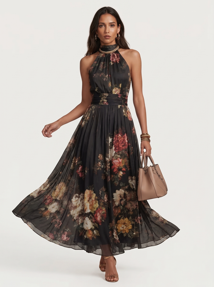 Vesper - Botanical Print Halter Neck Maxi Dress