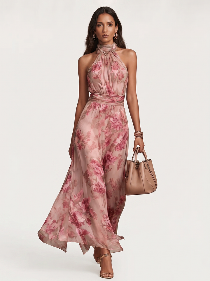 Vesper - Botanical Print Halter Neck Maxi Dress