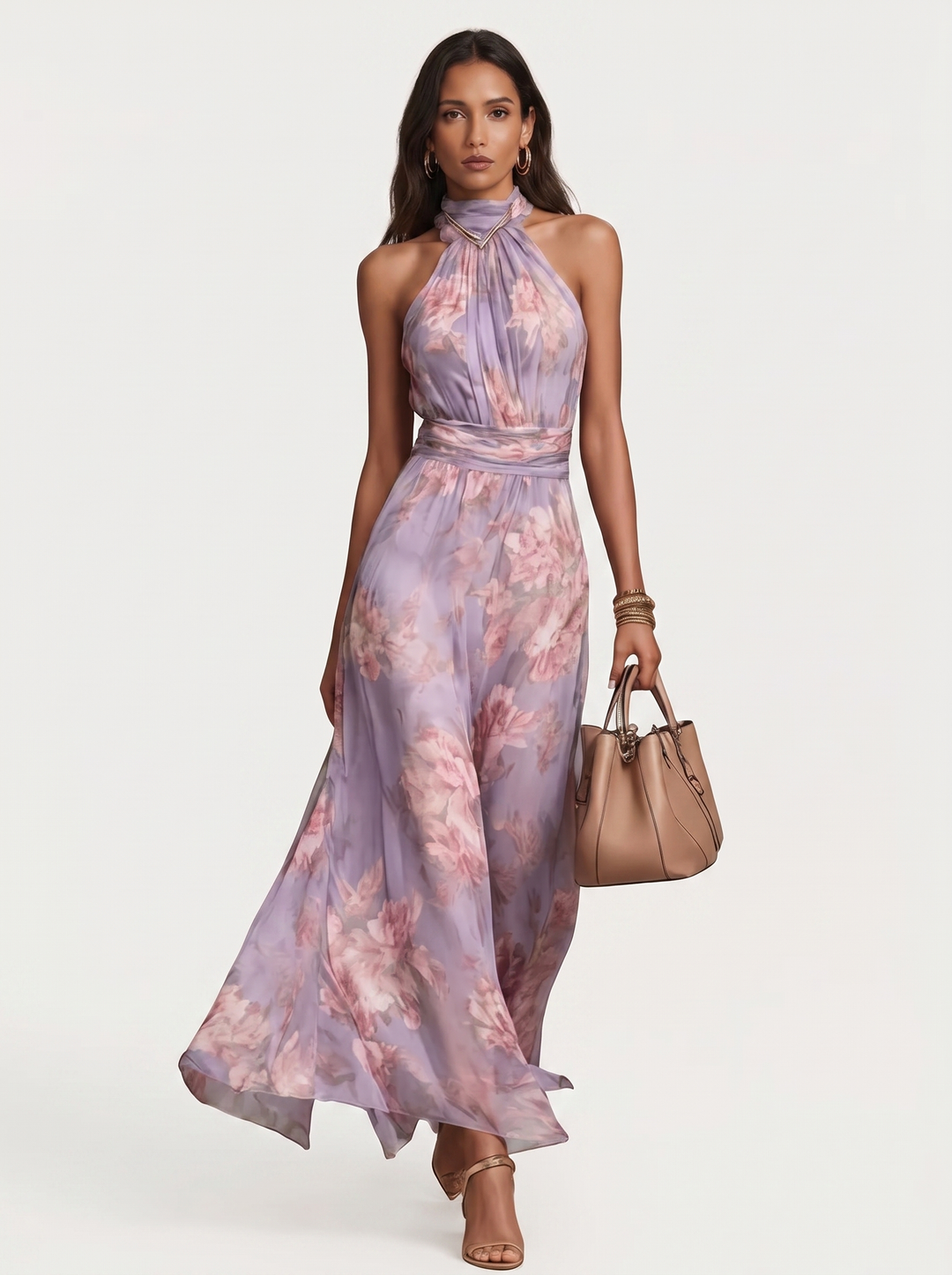 Vesper - Botanical Print Halter Neck Maxi Dress