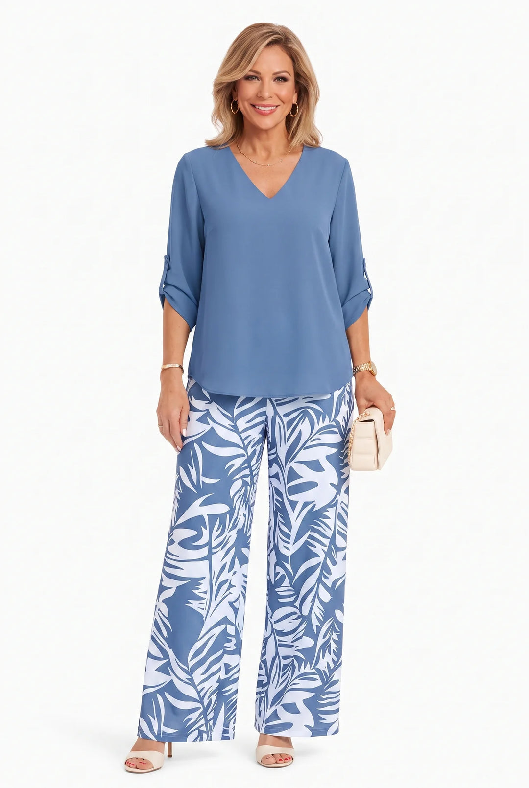 Leire - V-Neck Top & Wide-Leg Pants Two Piece Set