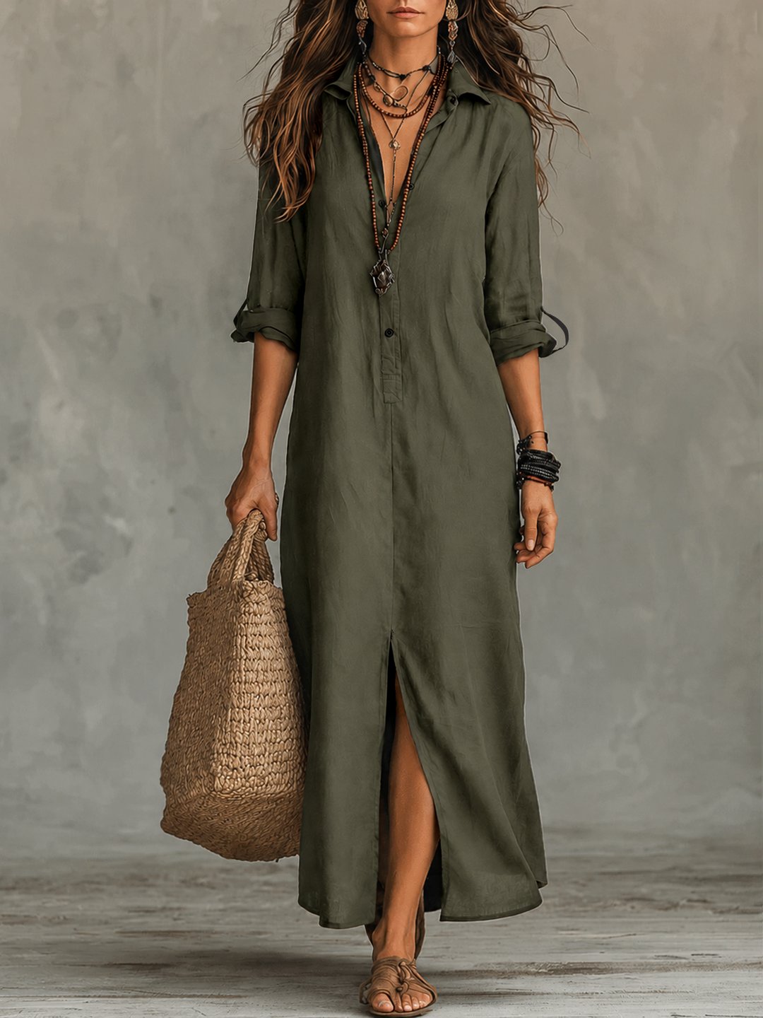 Lena - Button-Front Bohemian Shirt Maxi Dress