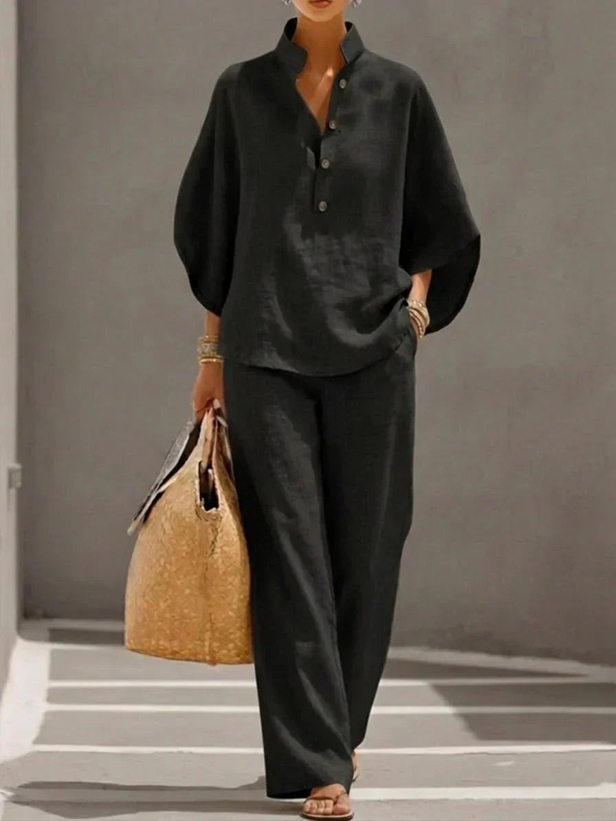 Maribel - Cotton Batwing Blouse & Wide-Leg Trouser Set