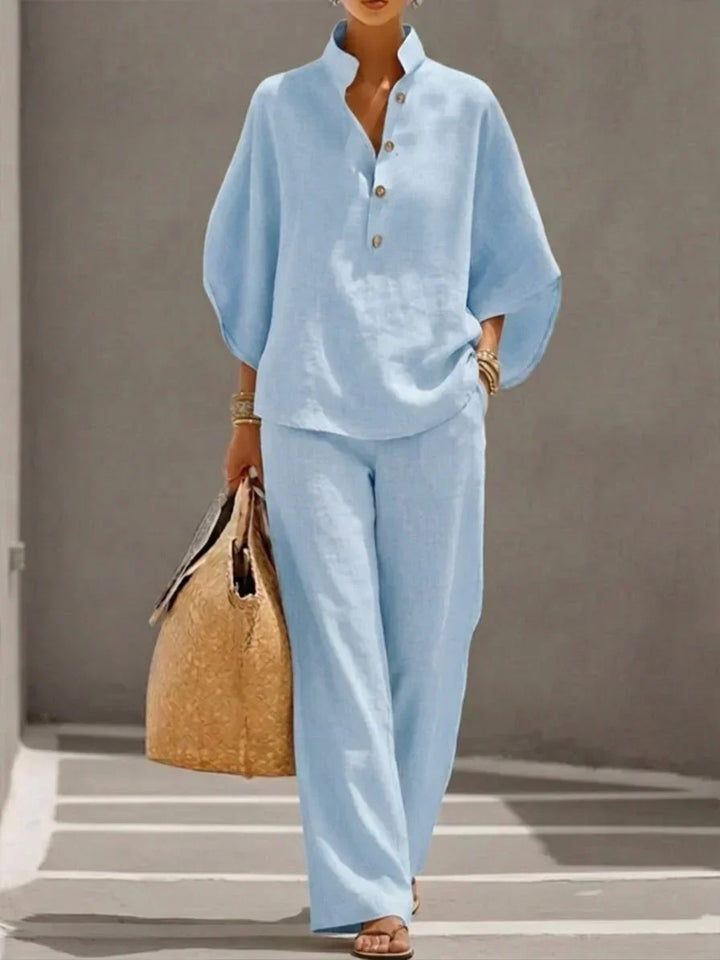 Maribel - Cotton Batwing Blouse & Wide-Leg Trouser Set