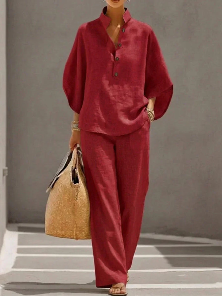 Maribel - Cotton Batwing Blouse & Wide-Leg Trouser Set
