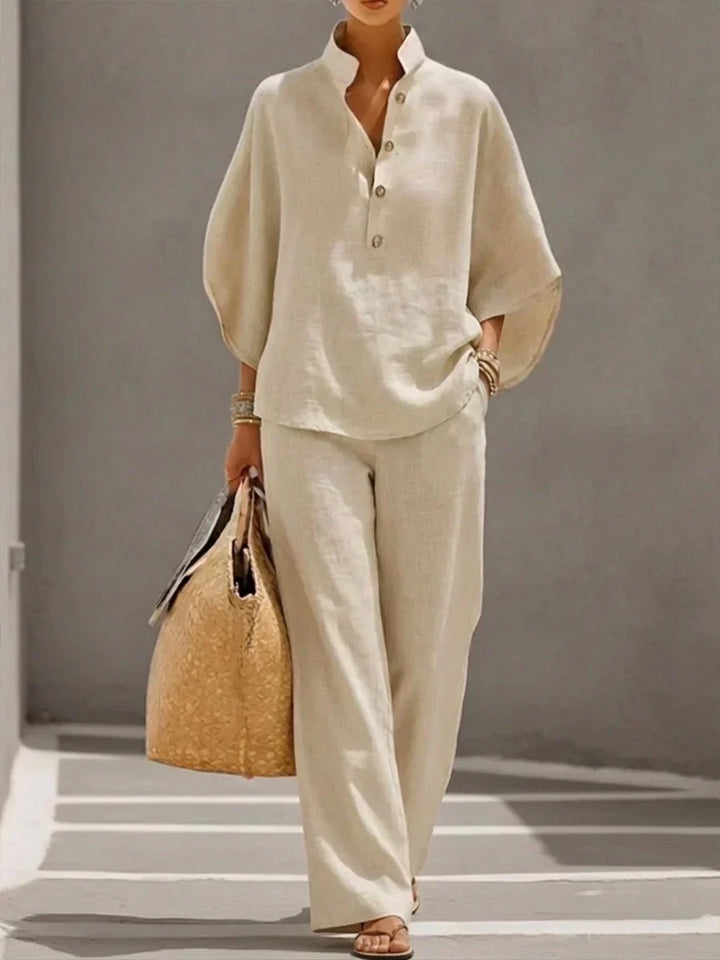 Maribel - Cotton Batwing Blouse & Wide-Leg Trouser Set