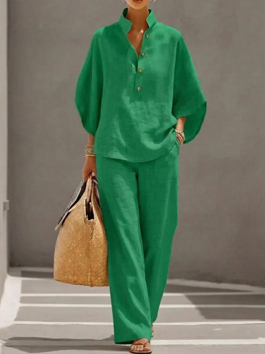 Maribel - Cotton Batwing Blouse & Wide-Leg Trouser Set