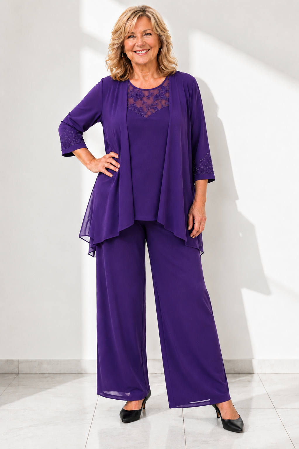 Elise - Lace Neckline Elegant Three-Piece Set