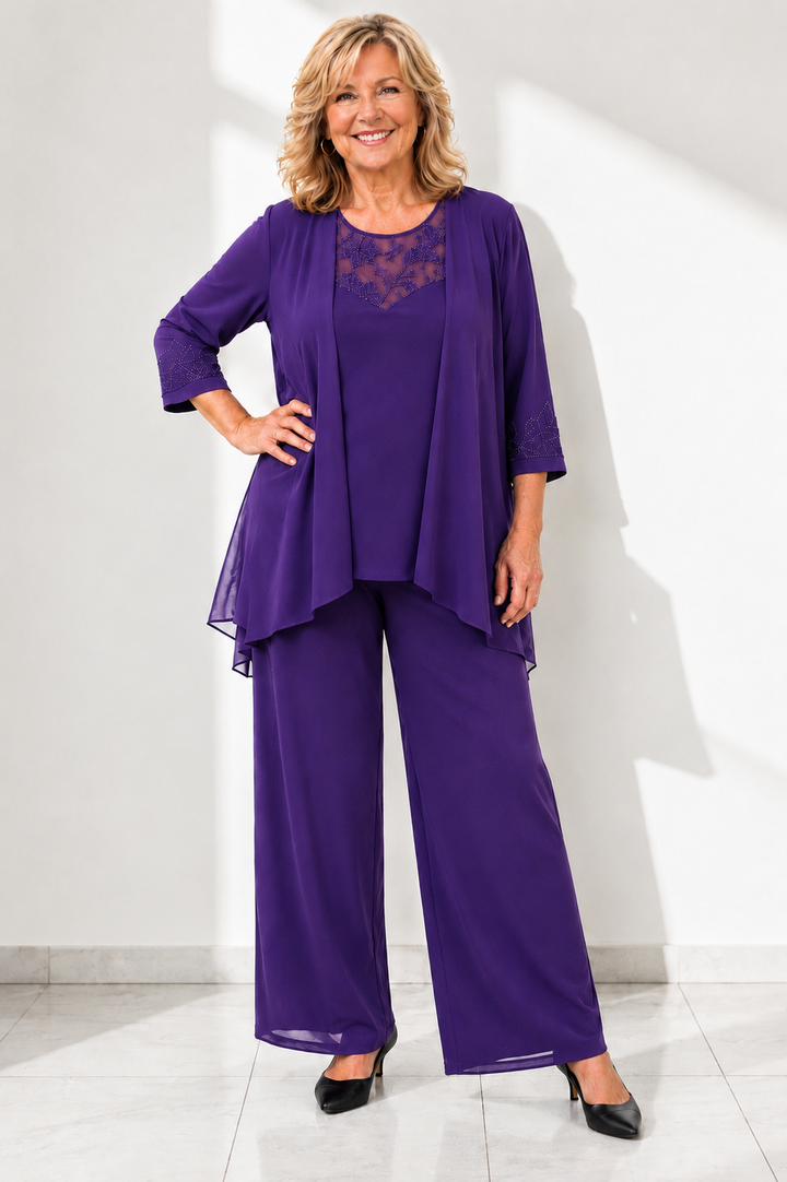 Elise - Lace Neckline Elegant Three-Piece Set