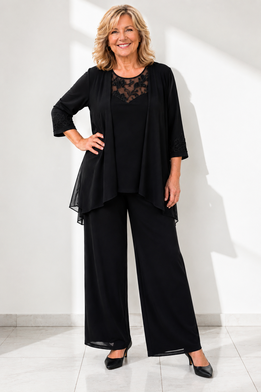 Elise - Lace Neckline Elegant Three-Piece Set