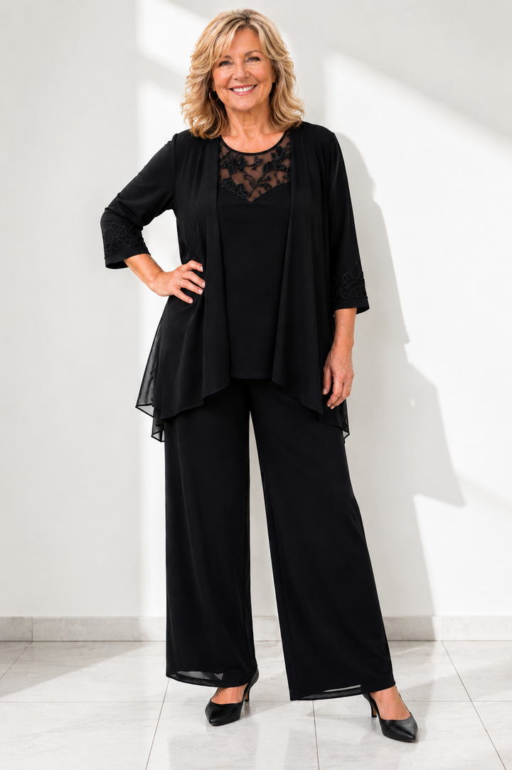 Elise - Lace Neckline Elegant Three-Piece Set